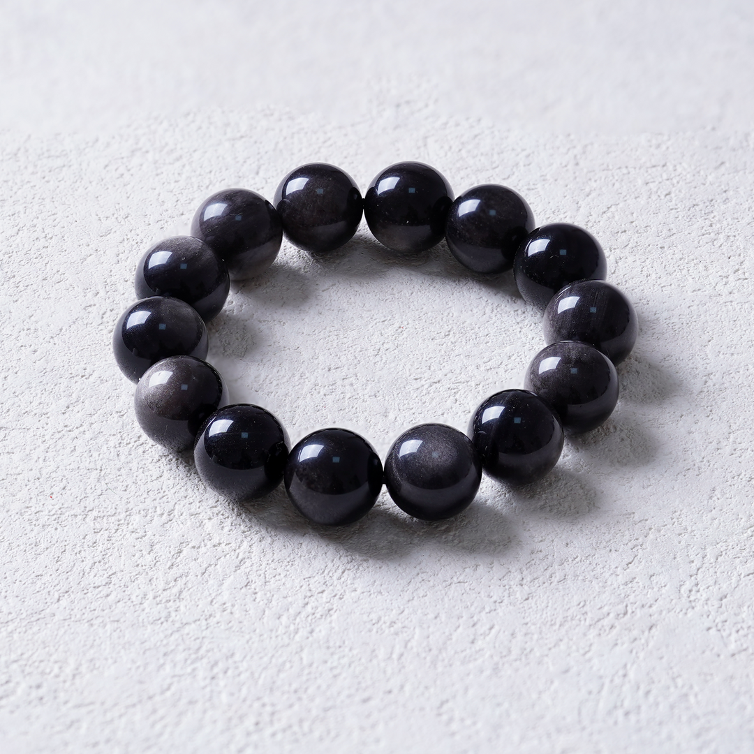 16mm Silver Sheen Obsidian Bracelet -Protection & Courage