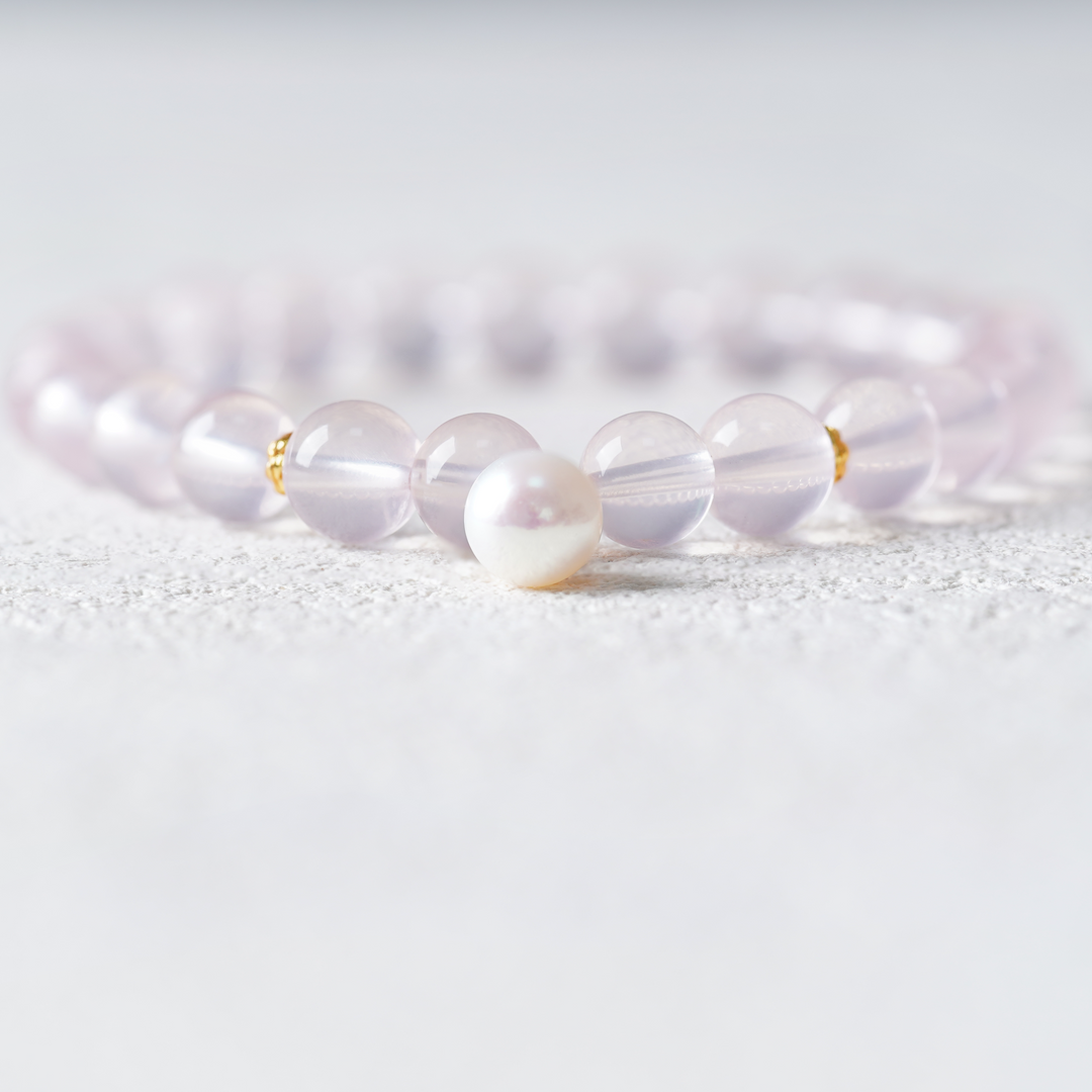 Mozambique Rose Quartz with Single Pearl Pendant Bracelet - LOVE