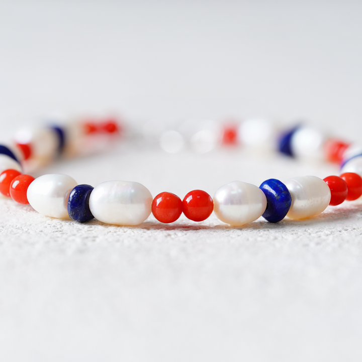 Ocean of Spirit Bracelet - Red Coral, Pearl & Lapis Lazuli