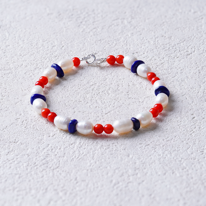 Ocean of Spirit Bracelet - Red Coral, Pearl & Lapis Lazuli